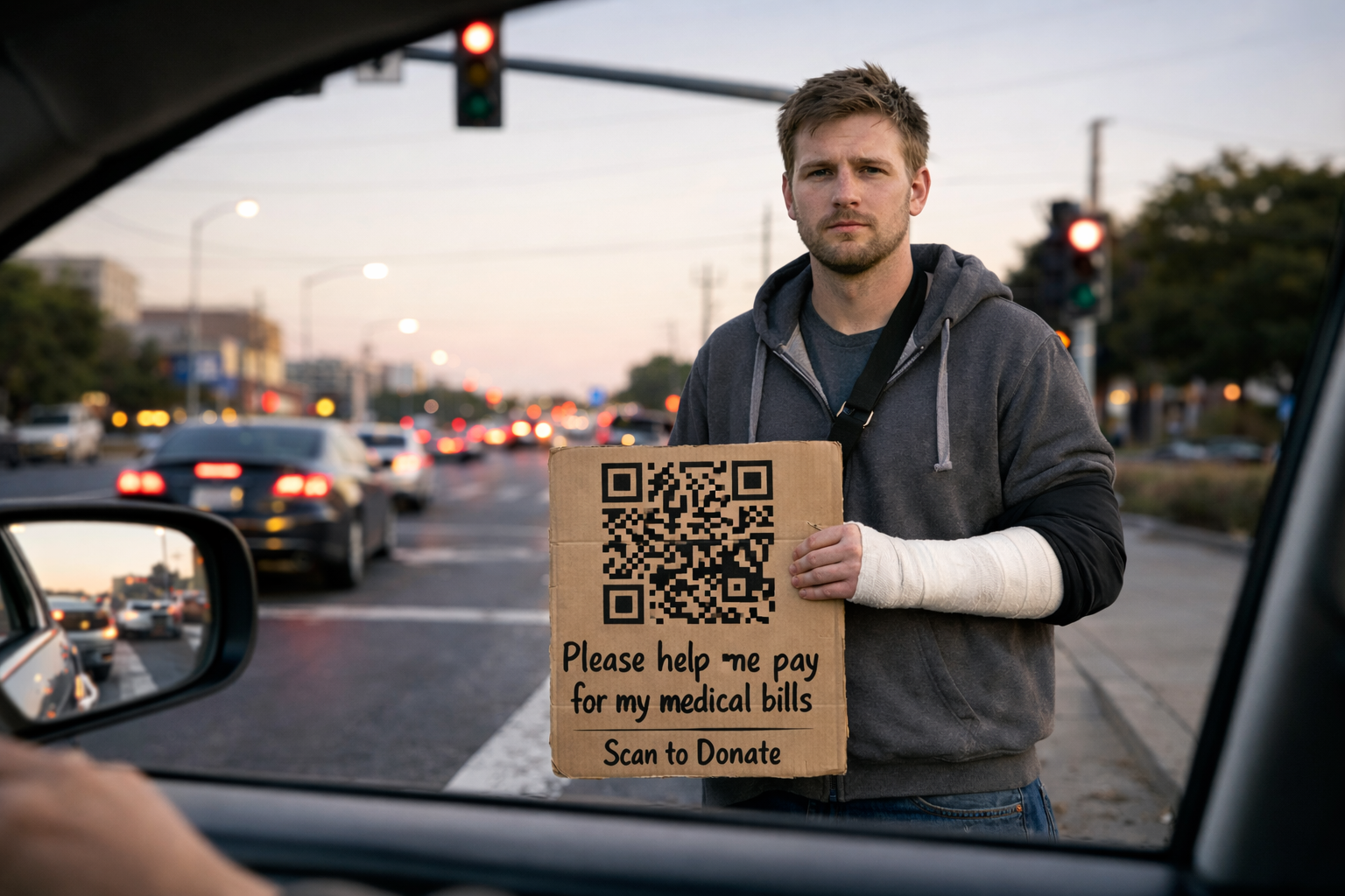 Person holding a QR code sign asking for help with medical bills